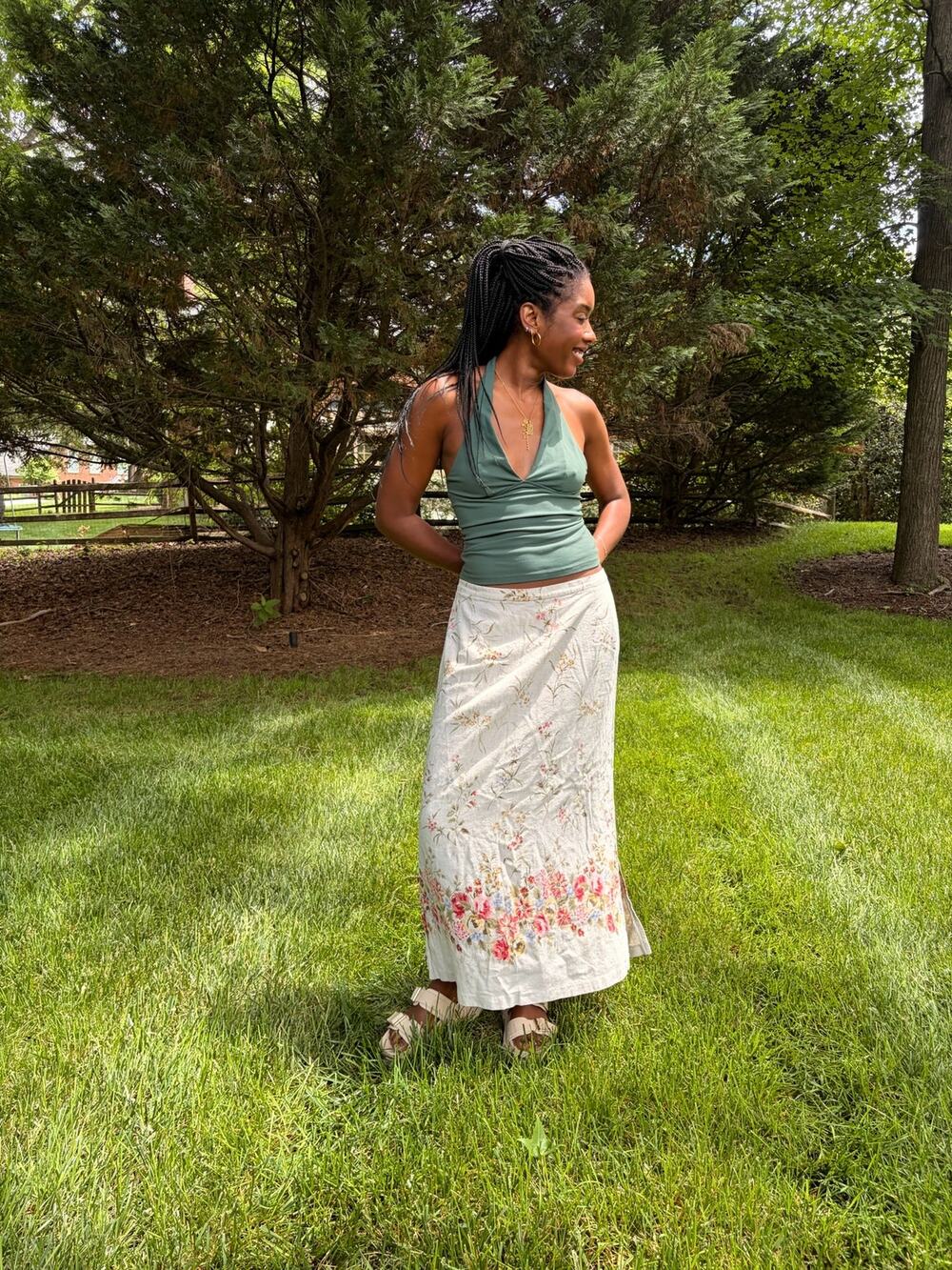 Vintage Linen Blend Botanical Midi Skirt